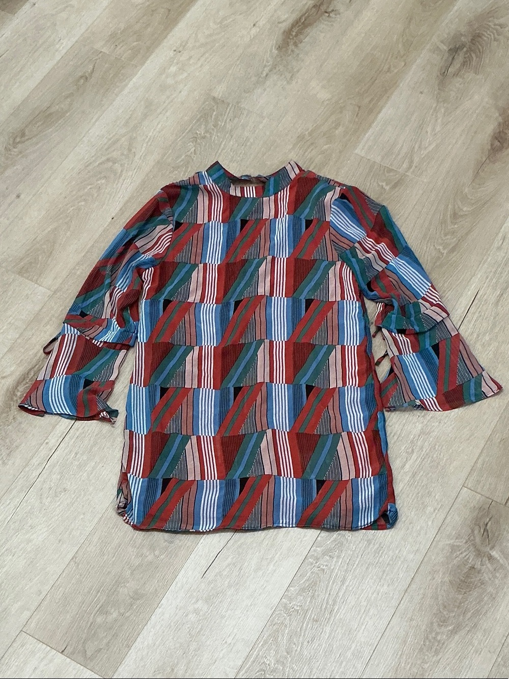 Lulu's Striped Multi-Color Geometric Blouse in Red, Blue & Green
